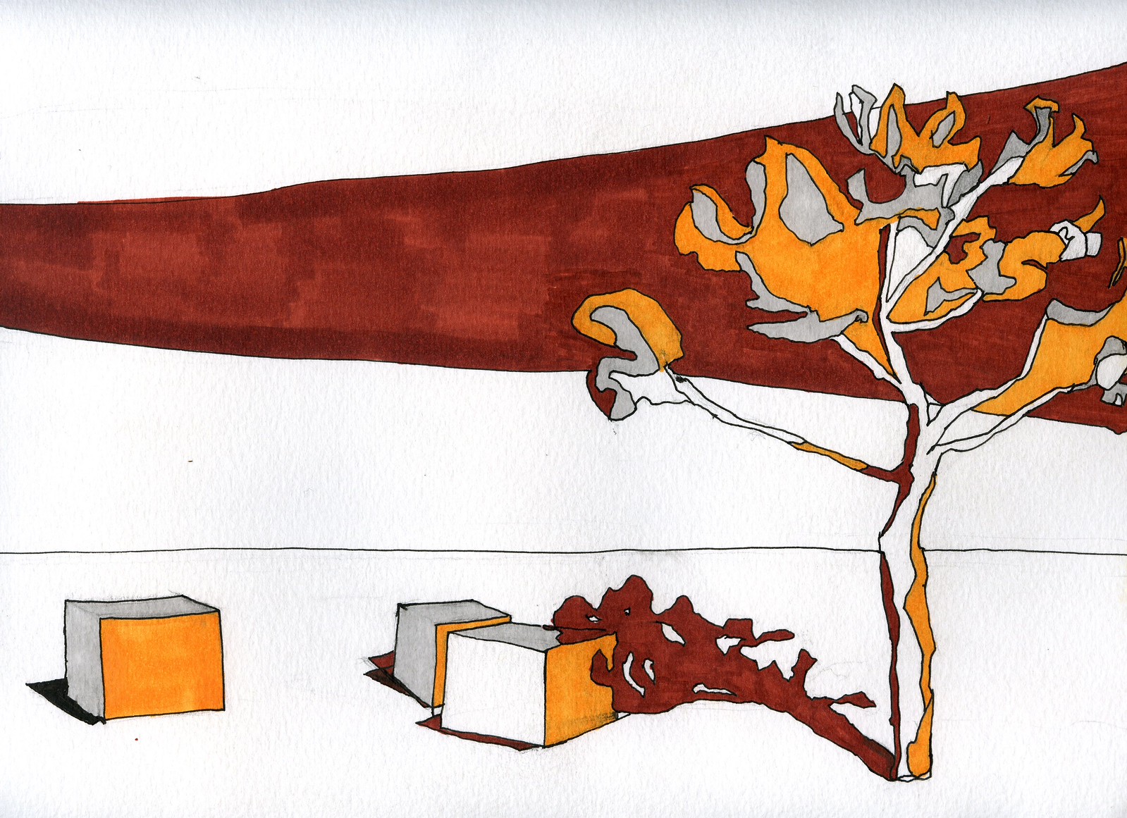 Four-color marker drawing of a minimalistic tree landscape on white paper. A yellow, gray, and burgundy-colored tree sits on the left of the page, casting a solid burgundy 10 o'clock shadow. To the left of the tree are three yellow, gray, and white cubes, and in the background is a swooping burgundy band.